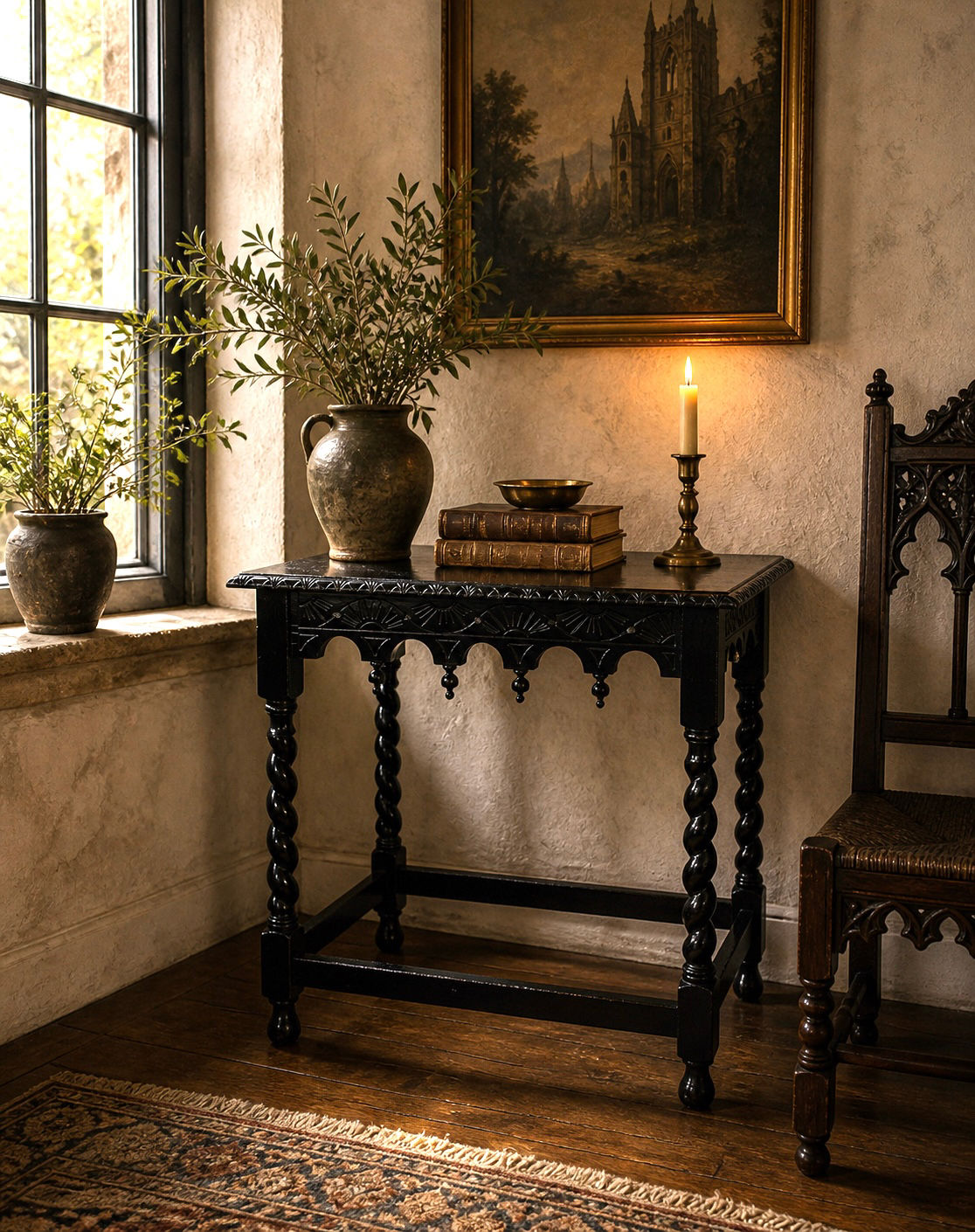 Antique Heavily Carved Barley Twist Side Table