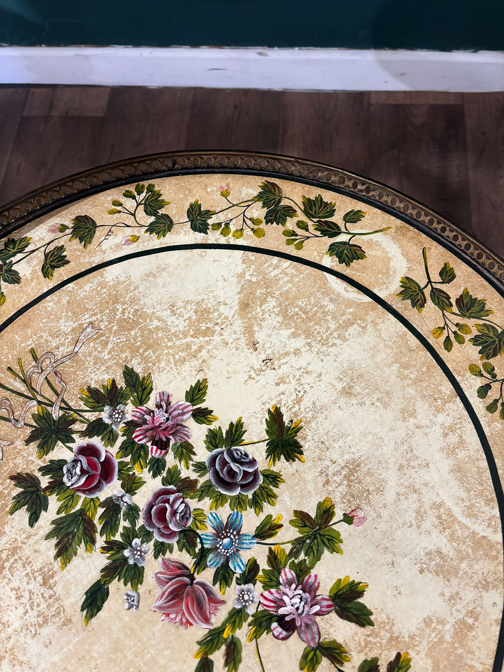 Thumbnail: Reproduction Floral Painted Tripod Table With Brass Gallery