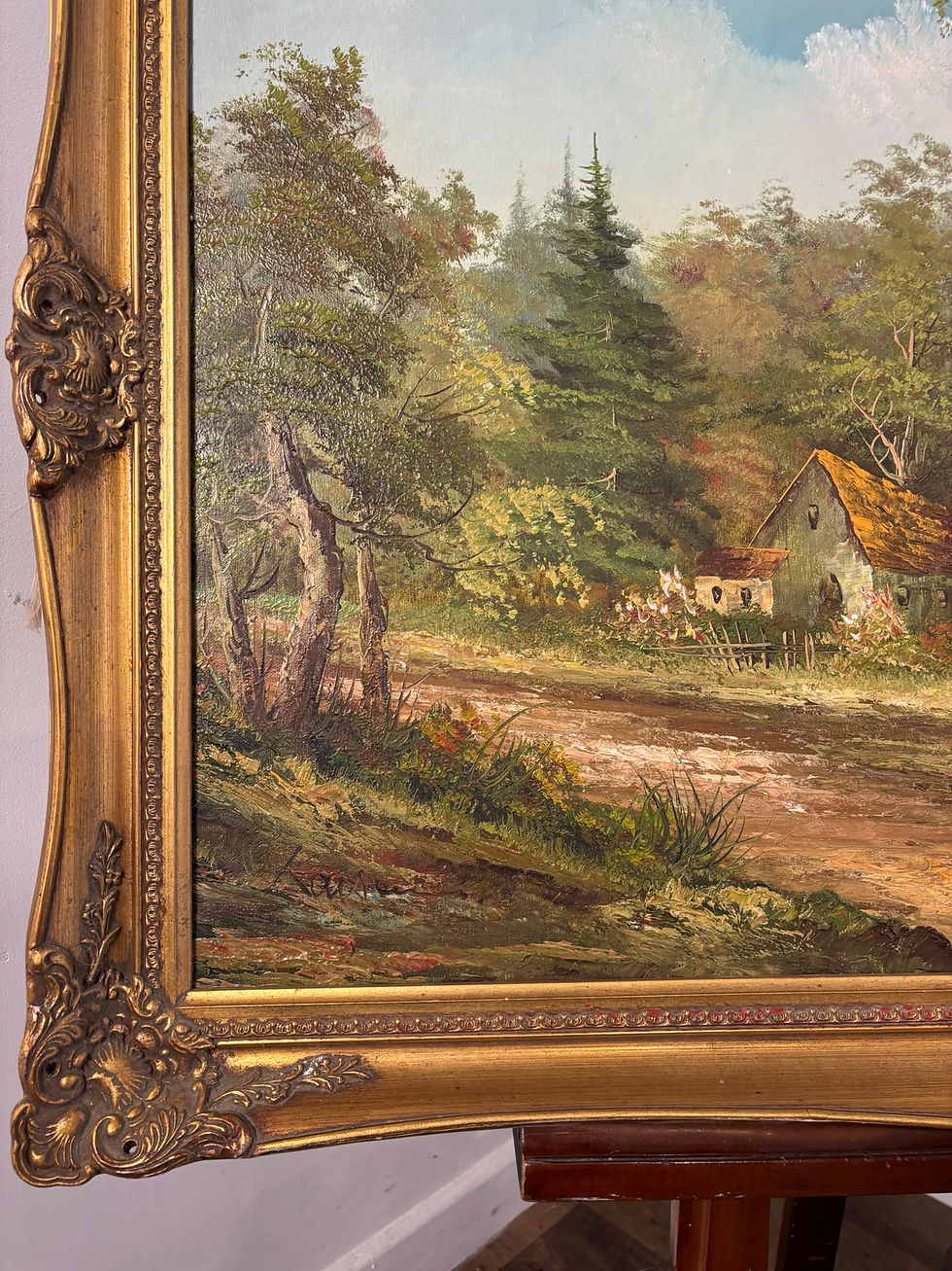 Thumbnail: Large Signed Oil on Canvas – Woodland Cottage Landscape in Ornate Gilt Frame