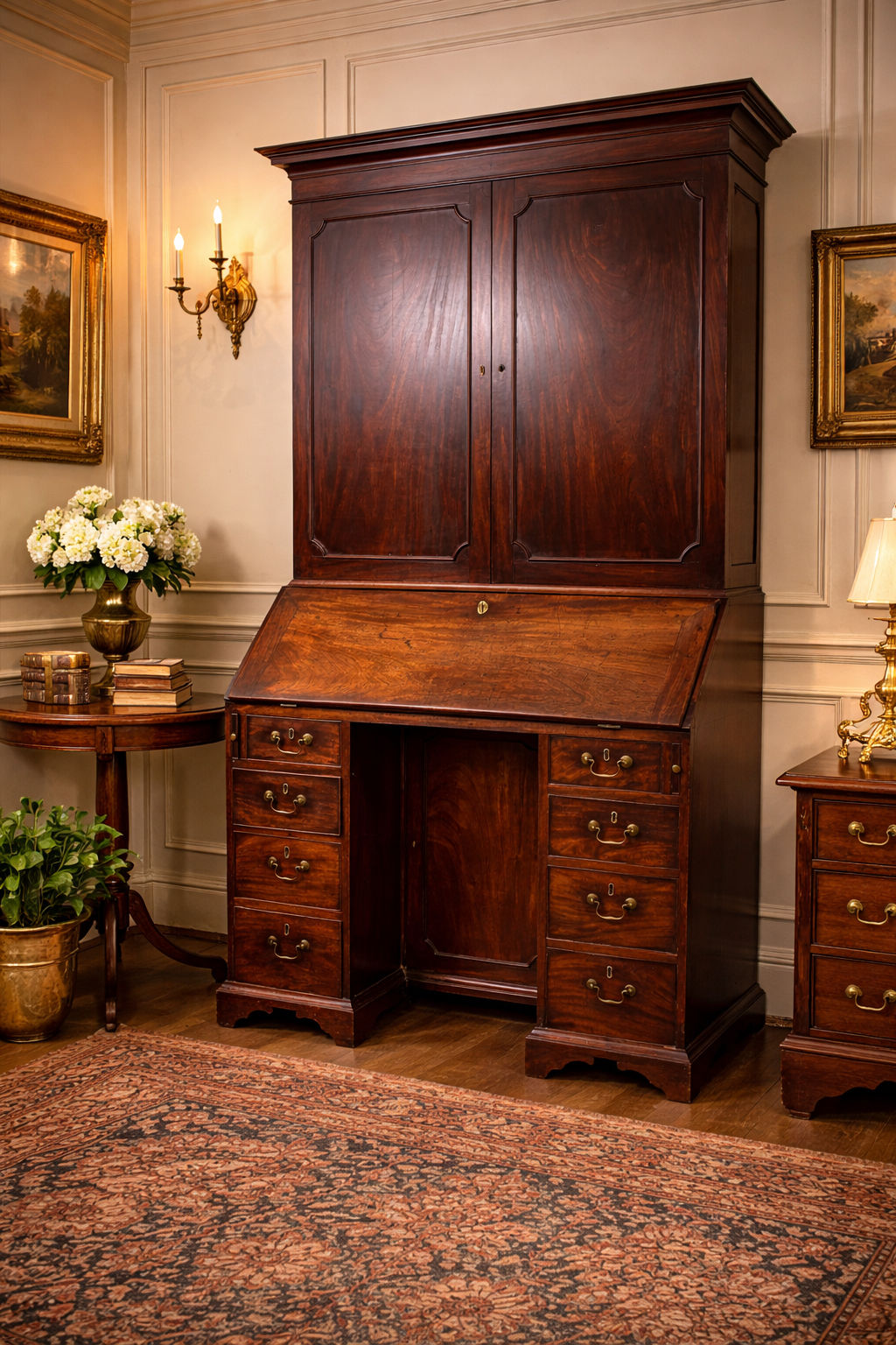 Georgian Mahogany Kneehole Bureau Bookcase