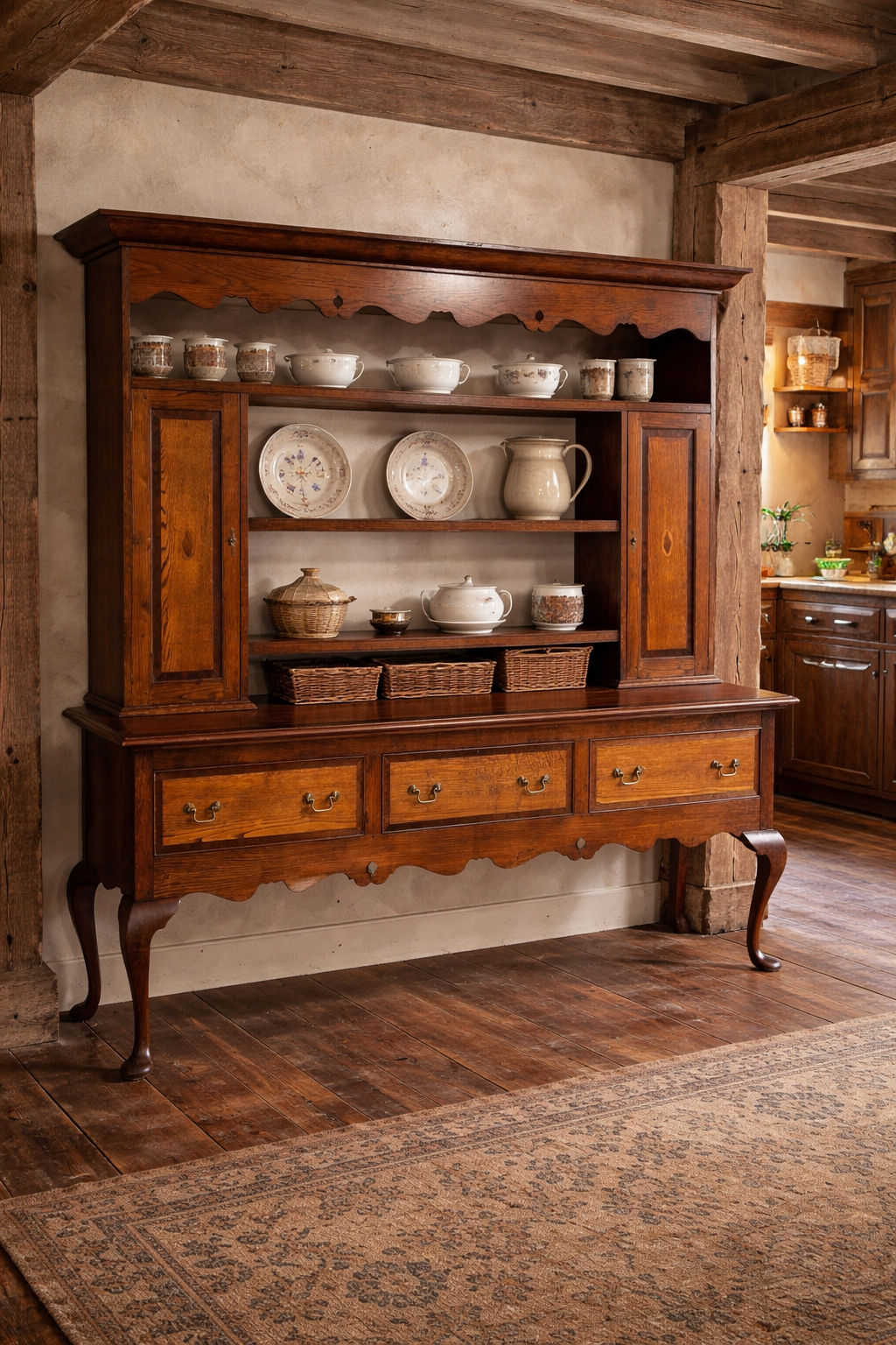 Antique Spicer of Pontesbury oak dresser with cross banded mahogany