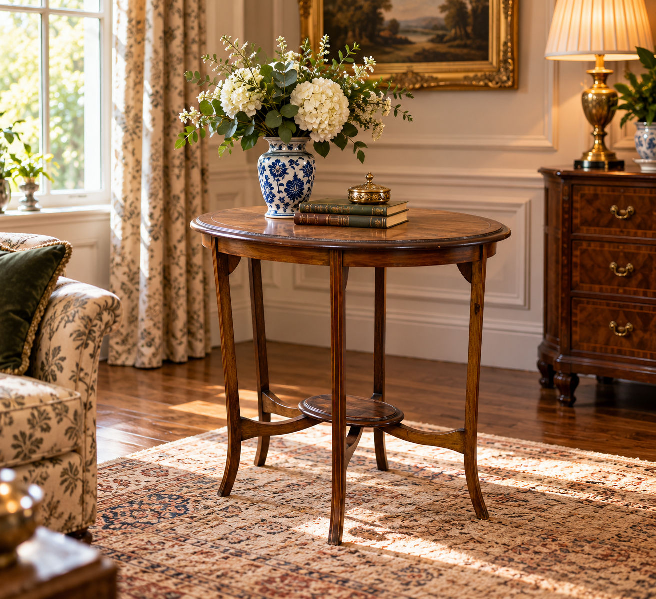 Edwardian Mahogany Inlaid & Stretchered Window Table