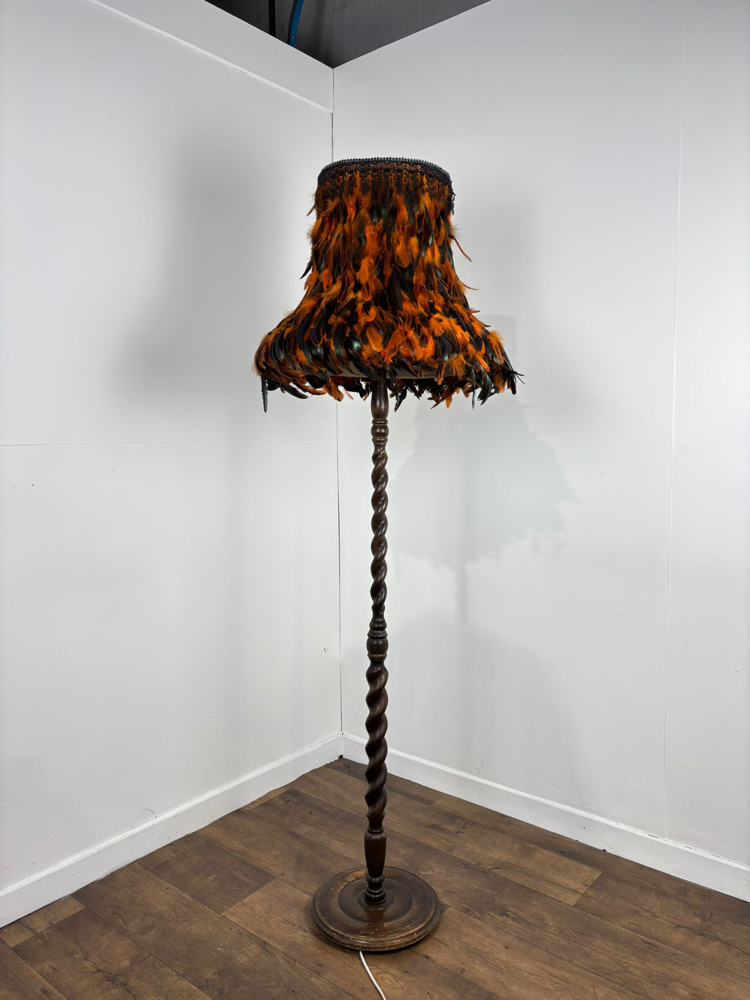 Vintage Barley Twist Standard Lamp with Handmade Feather Shade