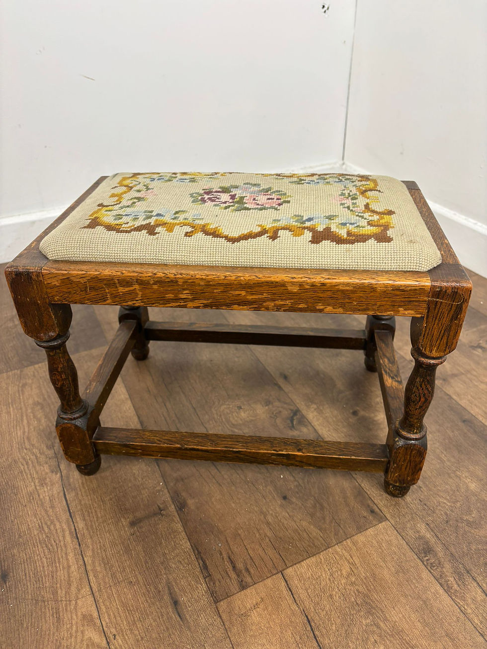 Thumbnail: Vintage Oak Stool with Embroidered Pad