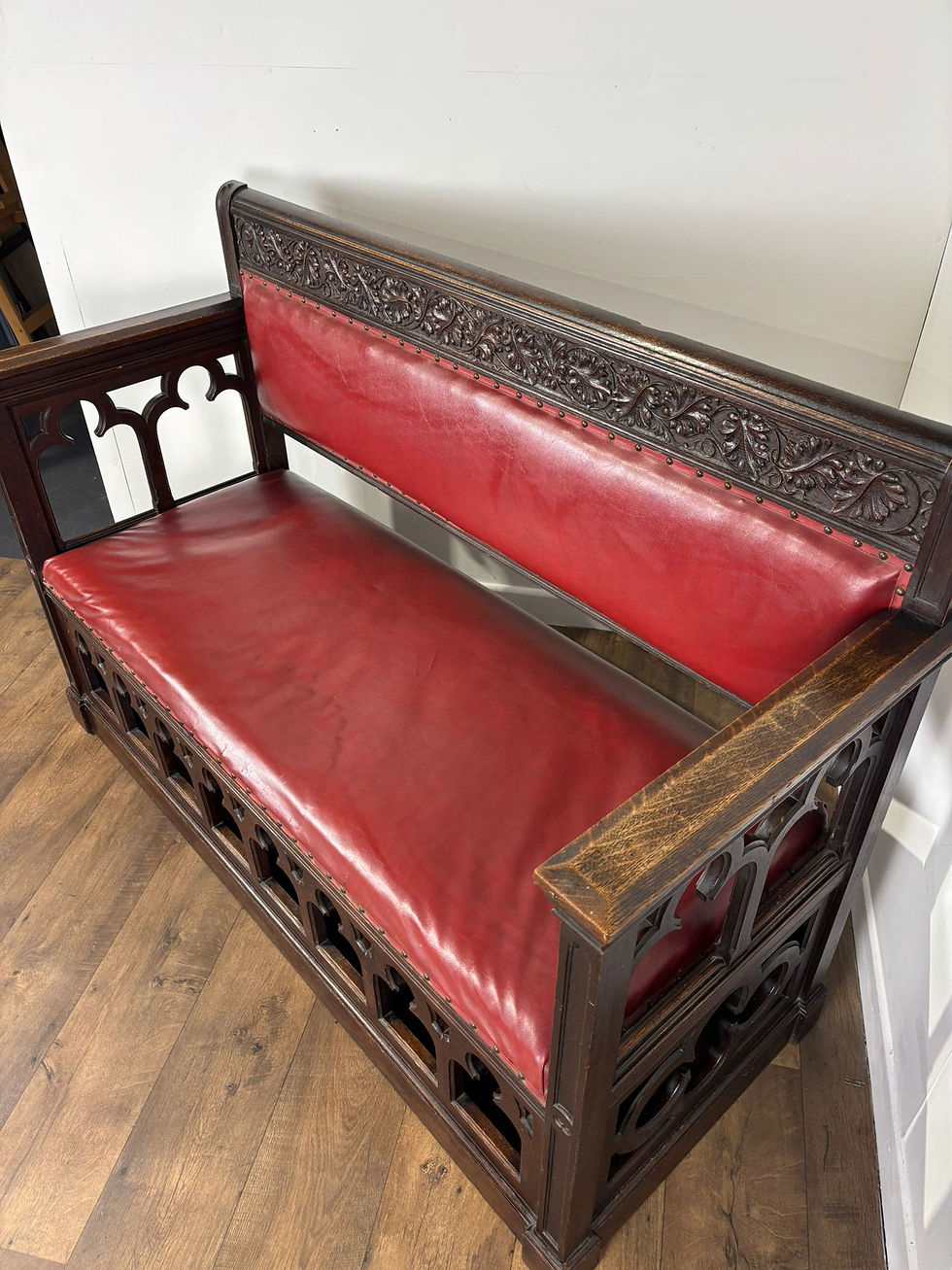 Thumbnail: Victorian Carved Oak Gothic Revival Bench Settle