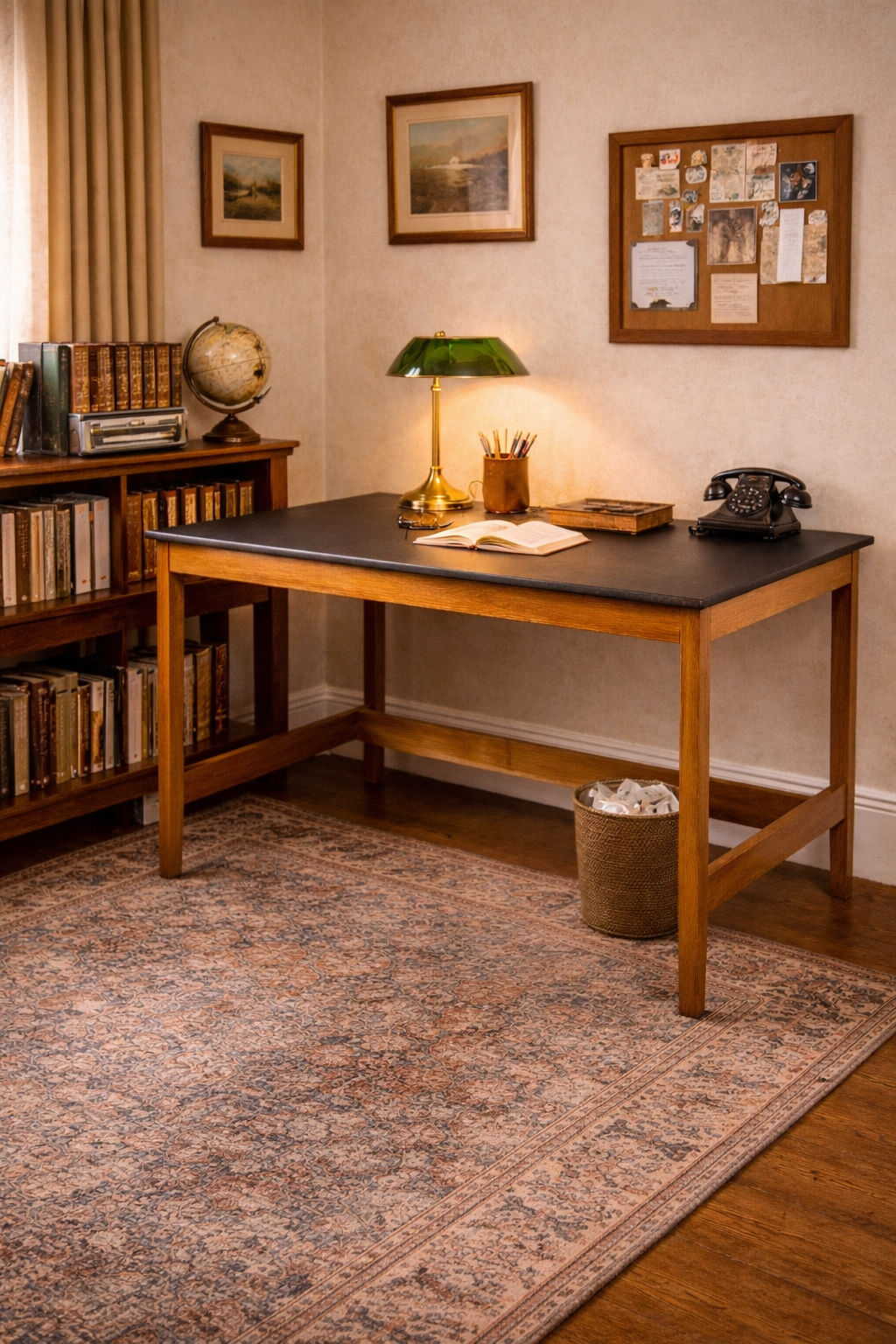 Mid Century Teak Desk – Black Top Vintage Writing Desk / Table