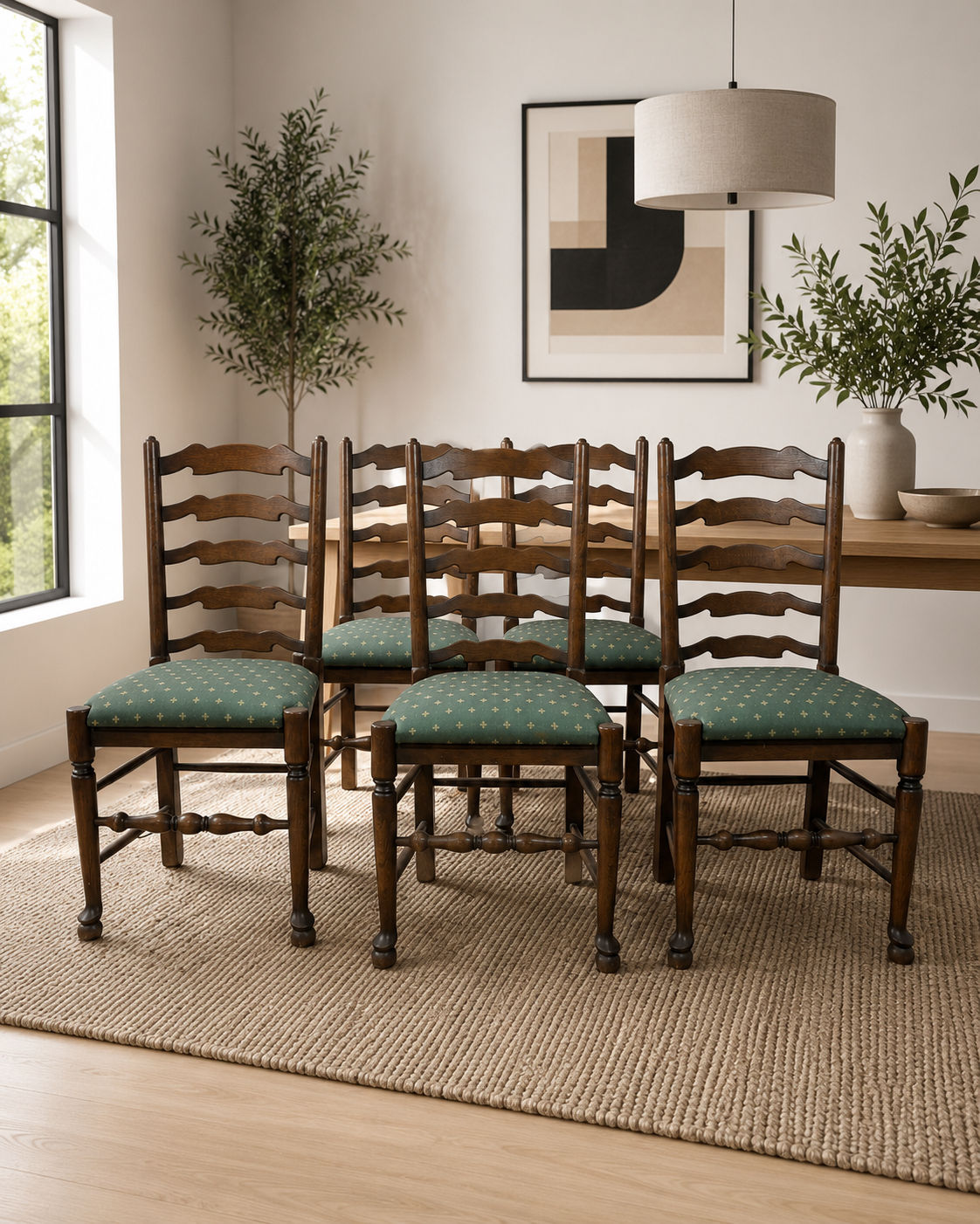 Vintage Oak Set Of Five Ladder Back Chairs