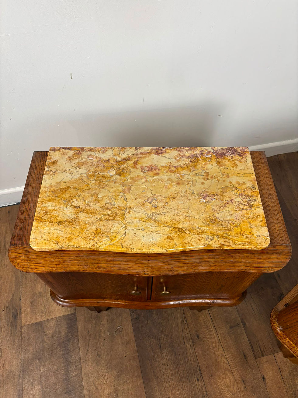 Thumbnail: Pair Of French Art Deco Golden Oak Bedside Cabinets With Marble Tops