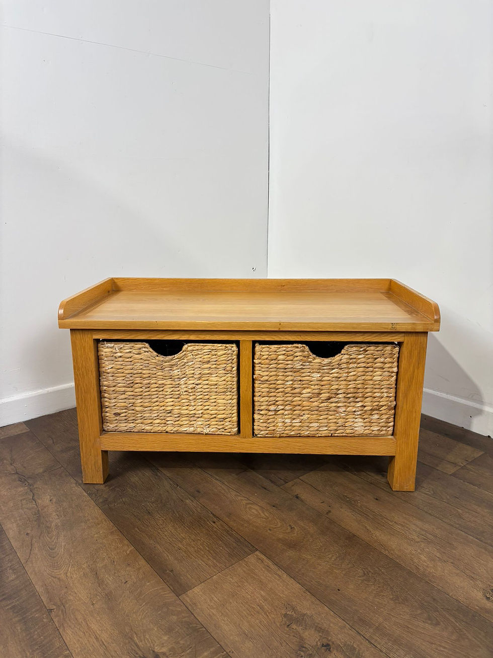 Modern Oak Storage Bench With Two Wicker Drawers