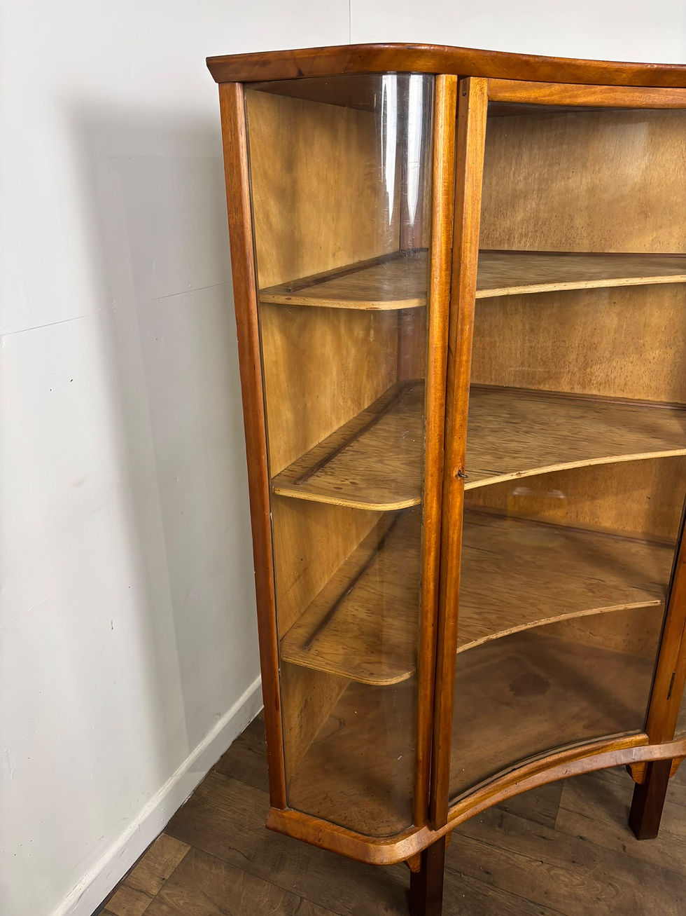 Thumbnail: Large Vintage Mahogany Serpentine Fronted Glass Corner Display Cabinet