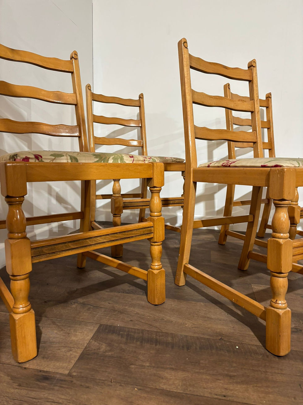 Thumbnail: Vintage Set Of Four Beech Ladder Back Dining Chairs