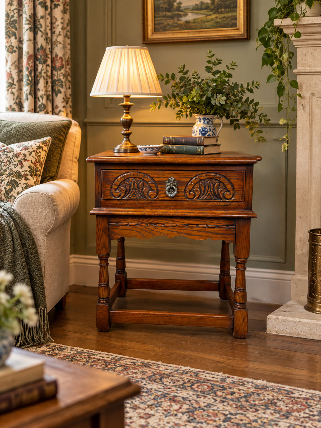Reproduction ‘Old Charm’ Carved Oak Side Table With Drawer