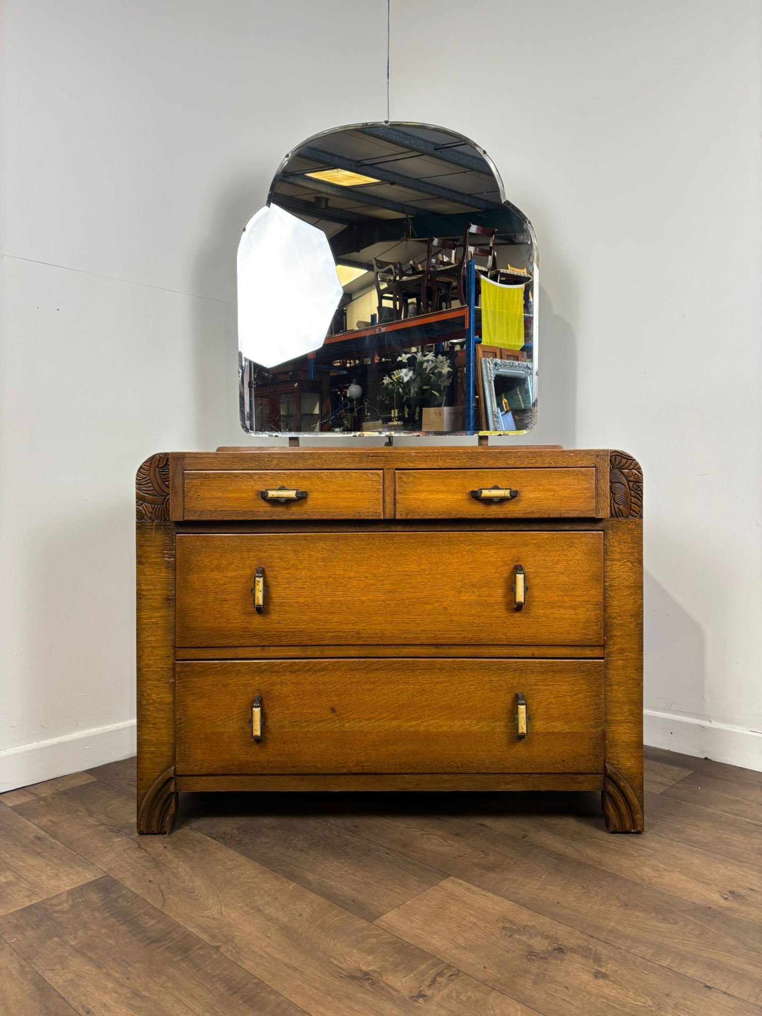 Art Deco Style Vintage Oak Dressing Table with Mirror
