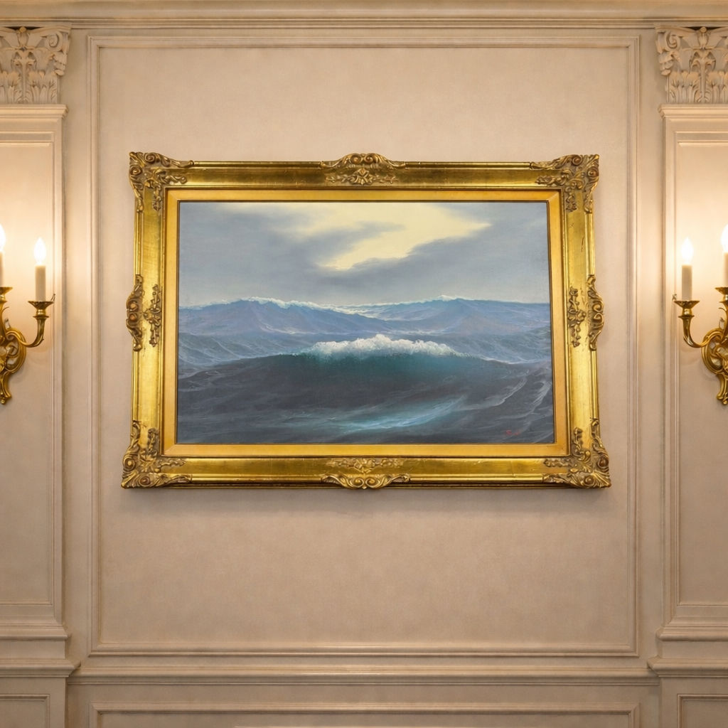 Oil on Canvas Seascape Painting – Signed “Sauli” – Ornate Gilt Frame