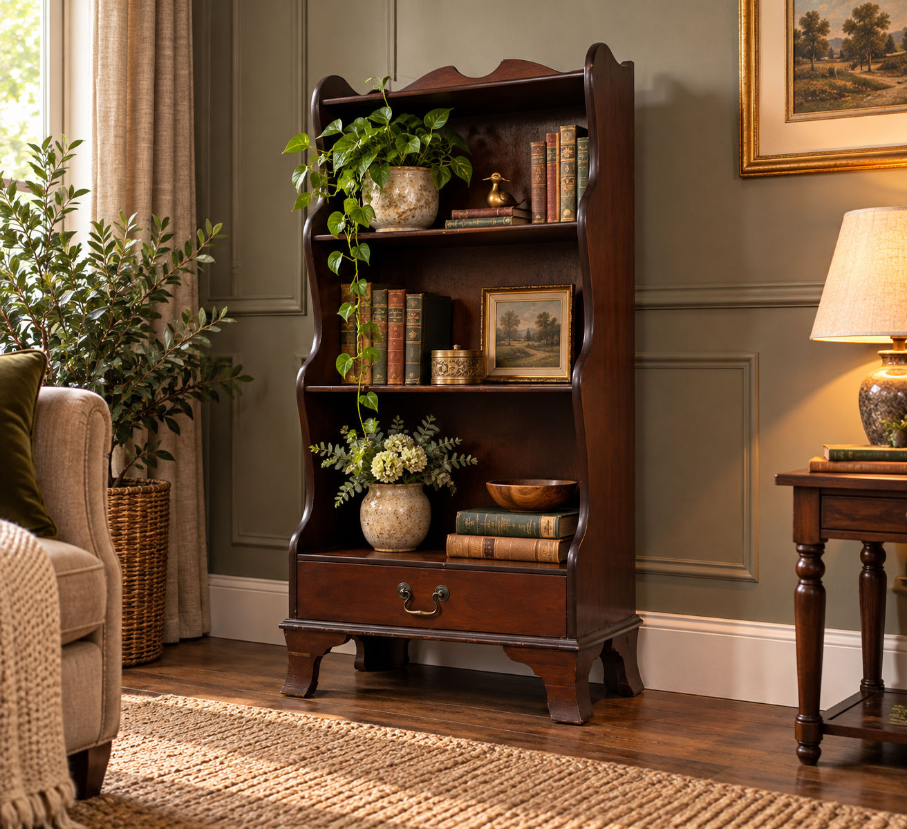Vintage Mahogany Four Shelf Waterfall Bookcase