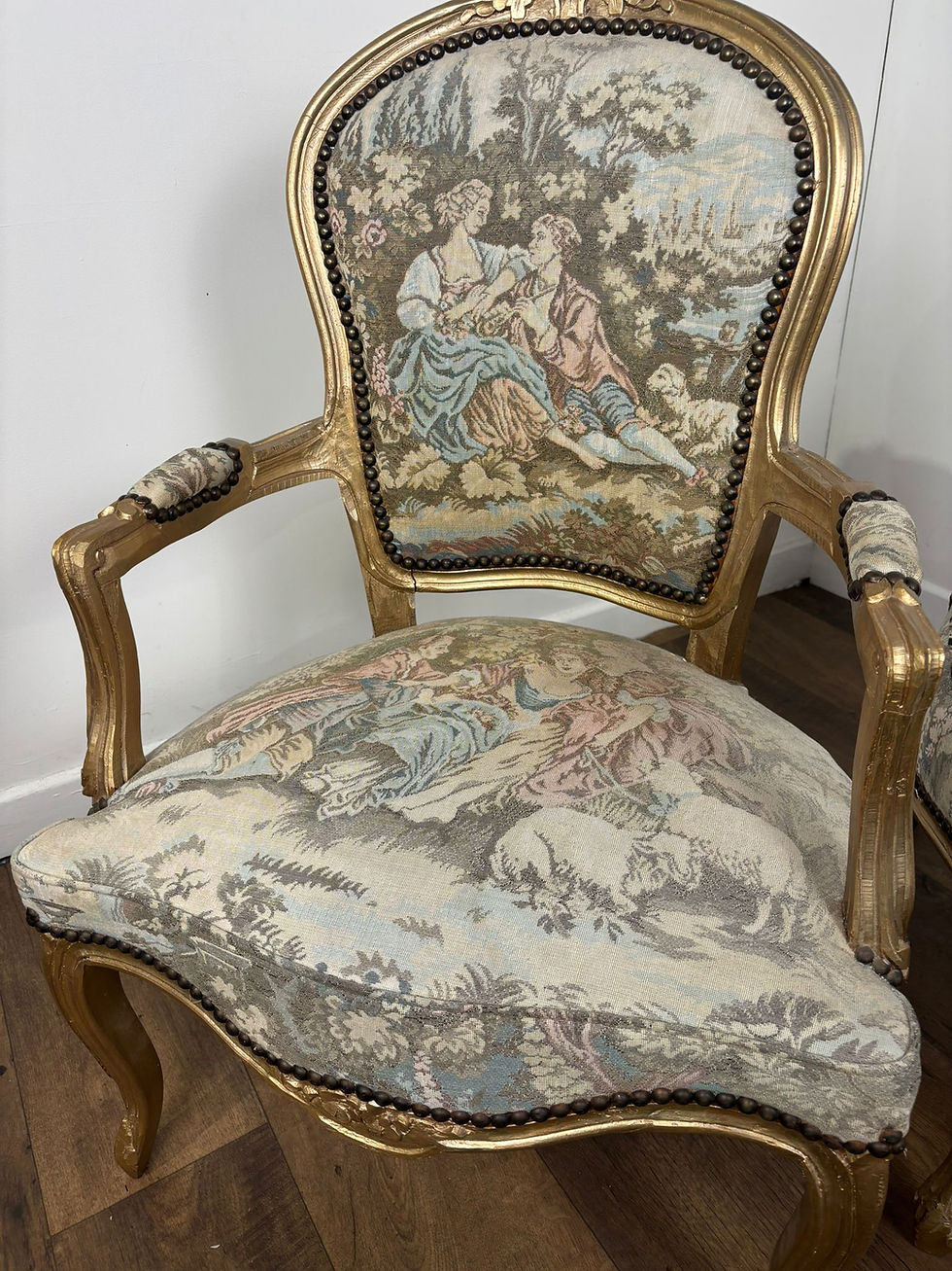 Thumbnail: Pair French Louis XV Style Tapestry Arm Chairs