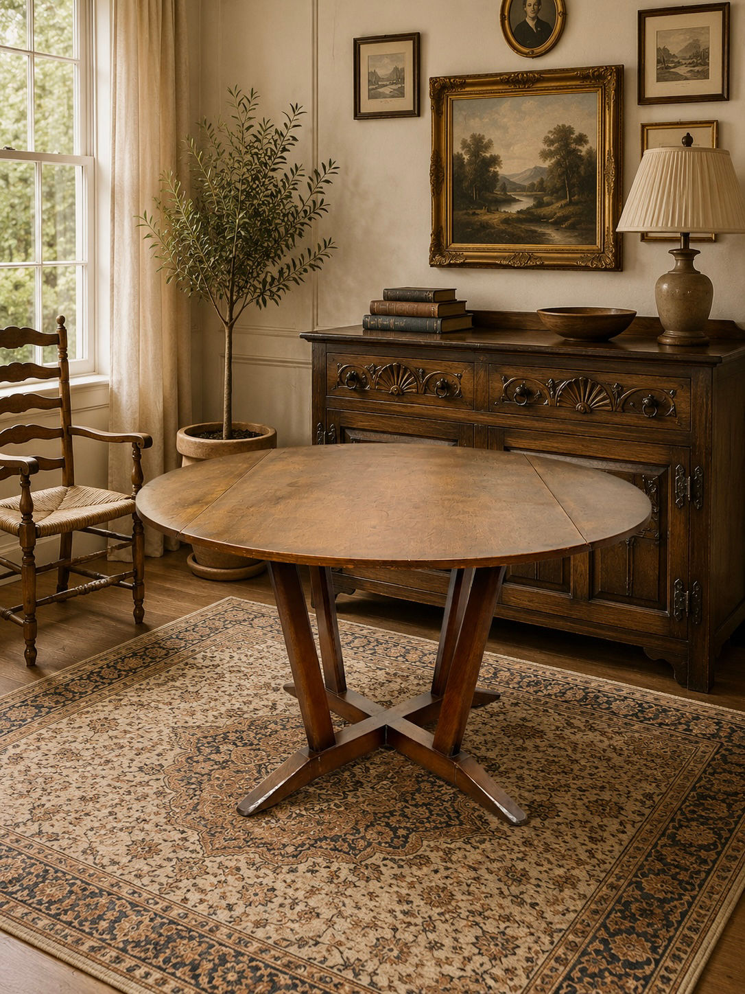 Vintage Round Oak Drop Leaf Dining Table