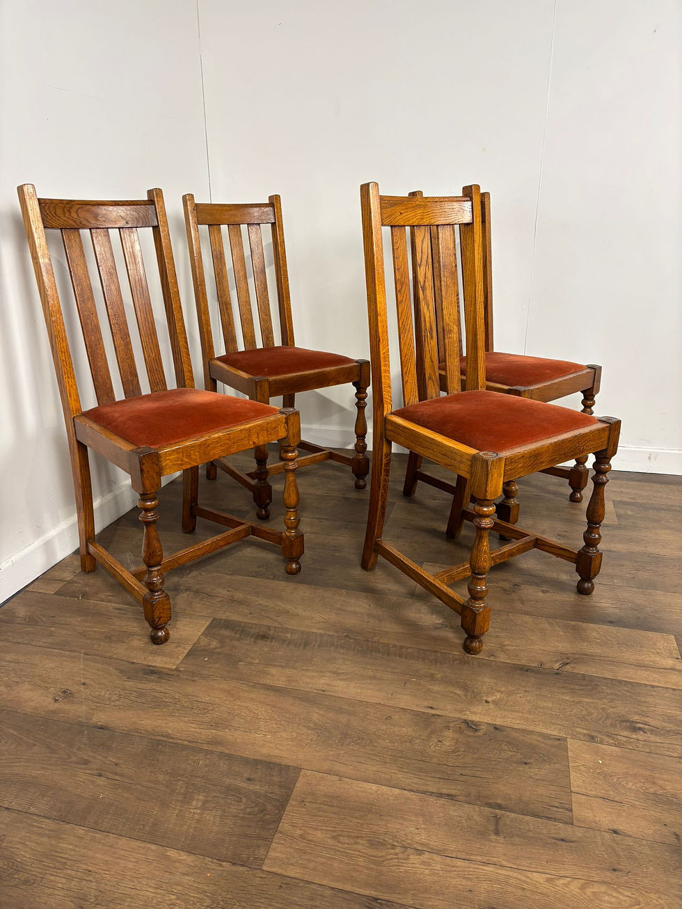 Thumbnail: Set of Four Vintage Oak Slat Back Upholstered Dining Chairs