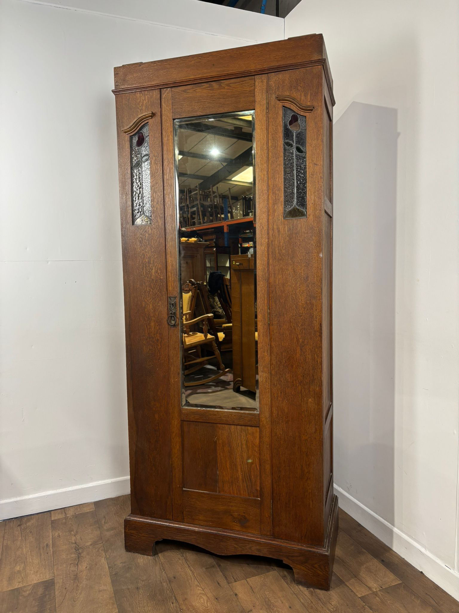 Vintage Oak Wardrobe with Stained Glass Panels