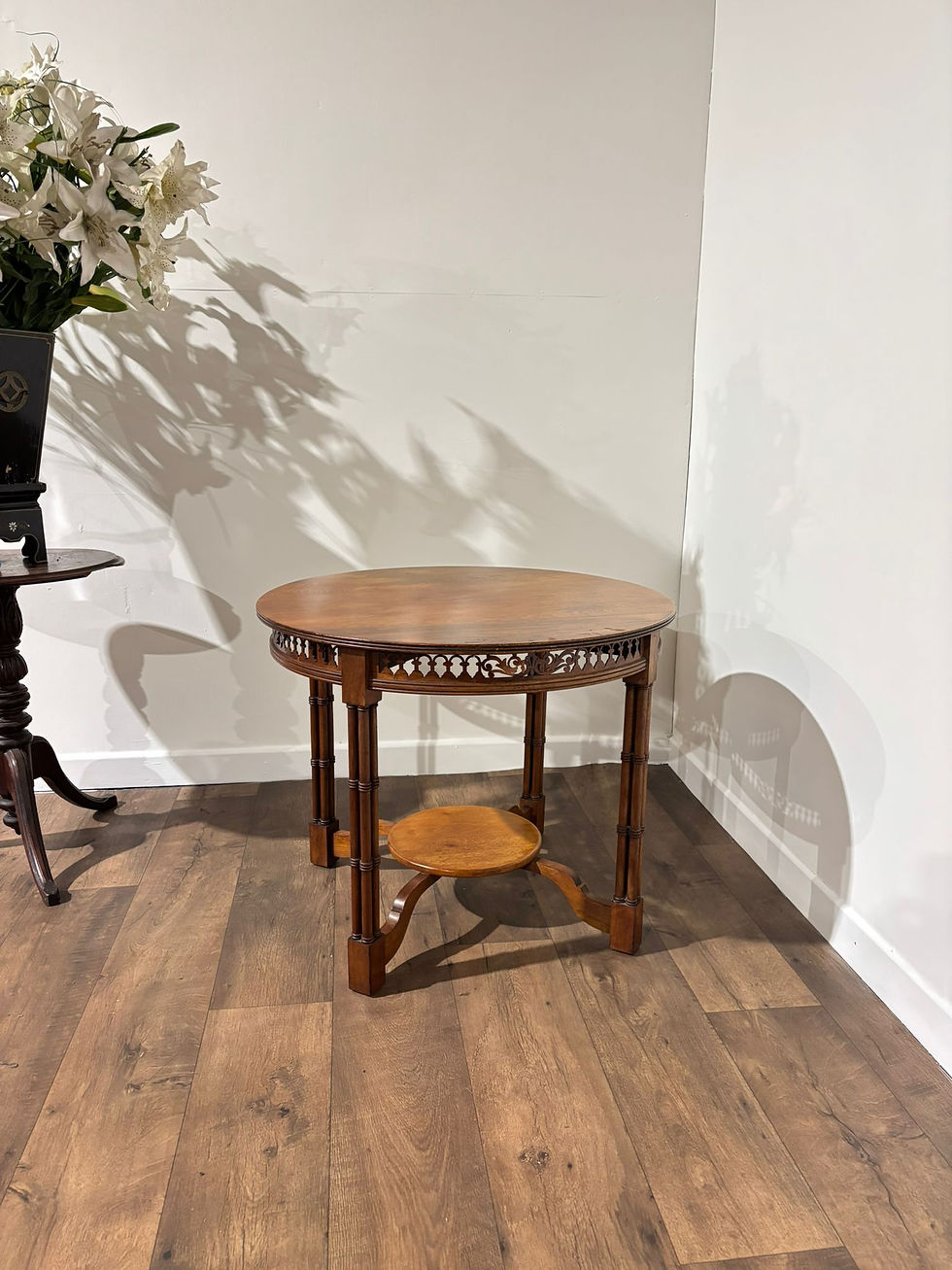 Edwardian Mahogany Window Table with Fretwork Frieze