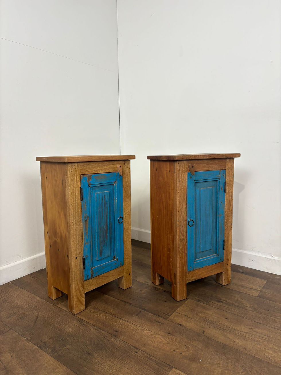 Thumbnail: Pair Of Reclaimed Indian Wood Bedside Cabinets With Blue Panel Doors