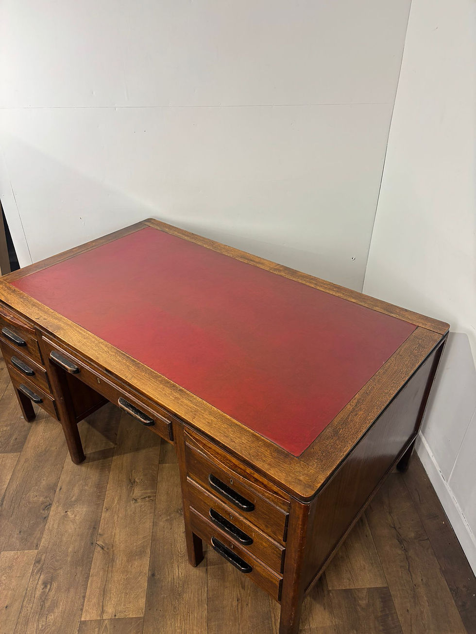 Thumbnail: Mid Century Oak Kneehole Twin Pedestal Desk