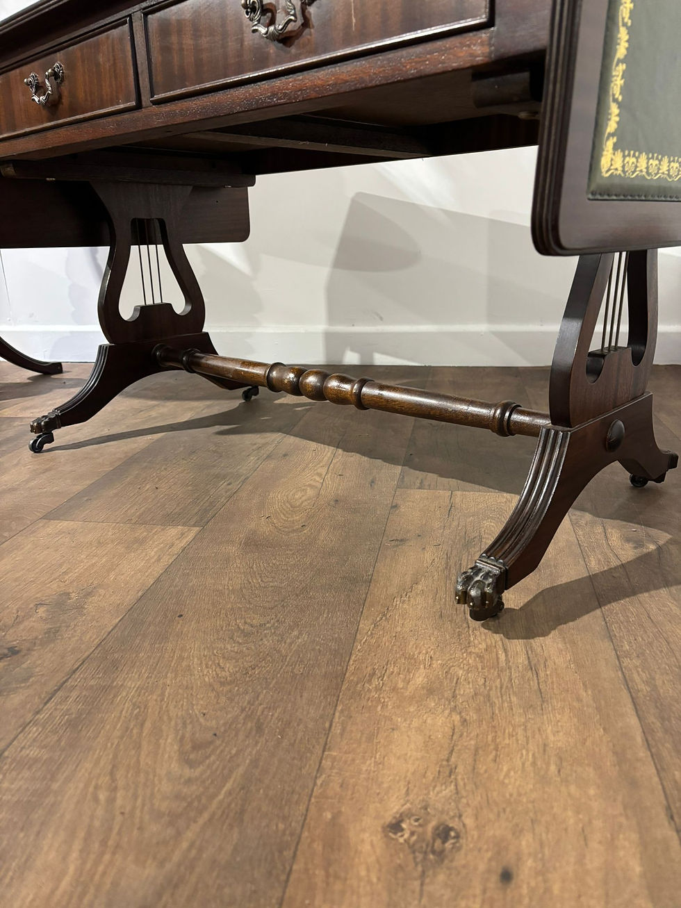 Thumbnail: Vintage Mahogany Drop-Leaf Coffee Table with Tooled Leather Top