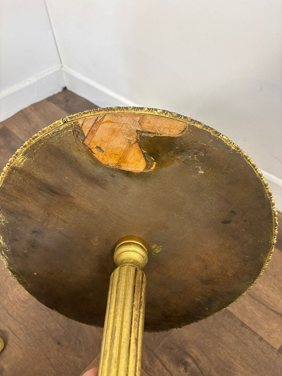 Thumbnail: Pair of Circular Gilt Based Tripod Wine Tables with Faux Marble Tops