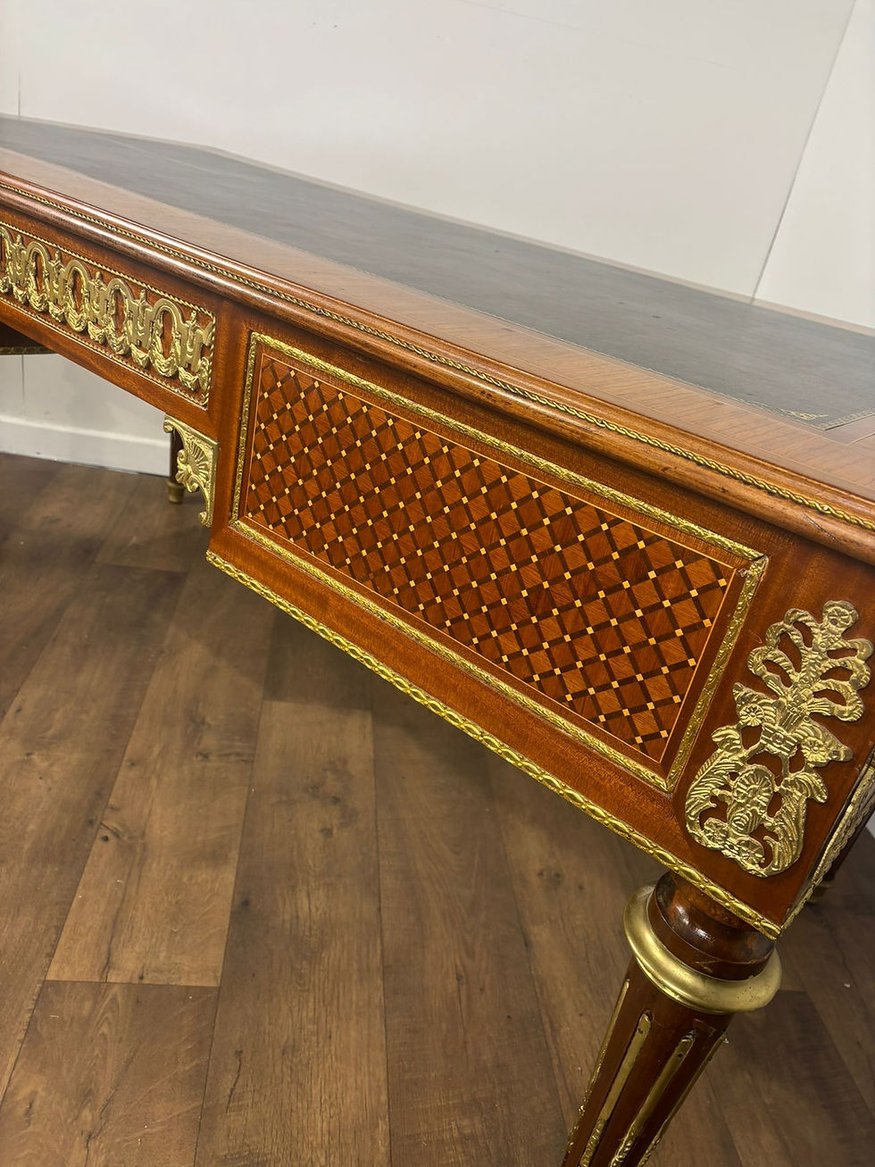 Thumbnail: Continental Reproduction Walnut Veneered Tooled Inlaid Desk (style of Louis XVI)