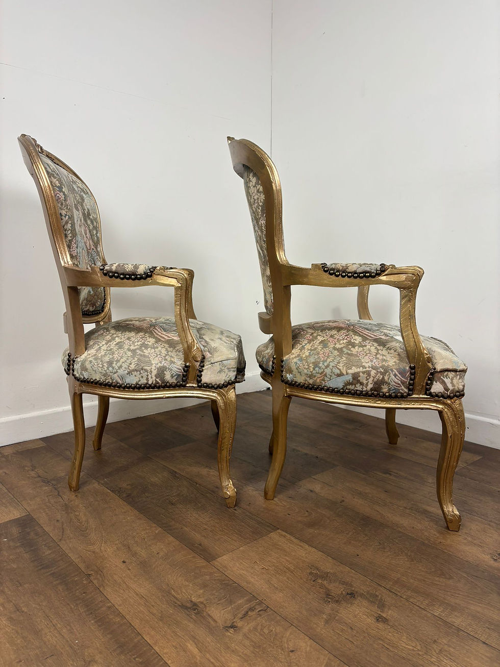 Thumbnail: Pair French Louis XV Style Tapestry Arm Chairs