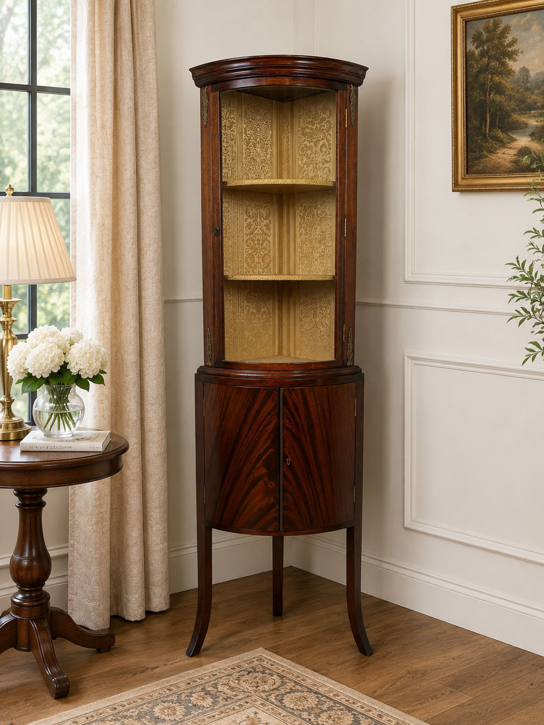Edwardian Flamed Mahogany Corner Cabinet With Silk Lining