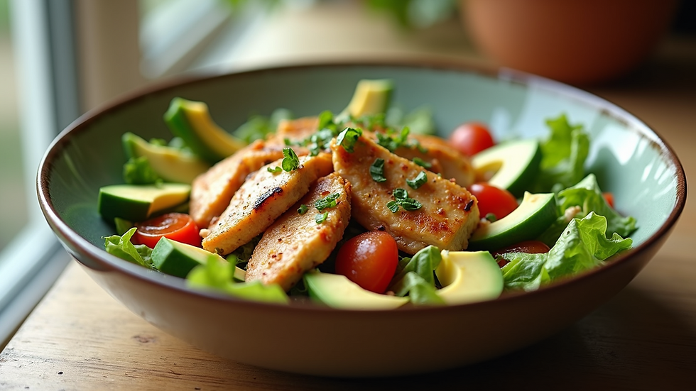 Eye-level view of a colourful salad bowl with grilled chicken and avocado