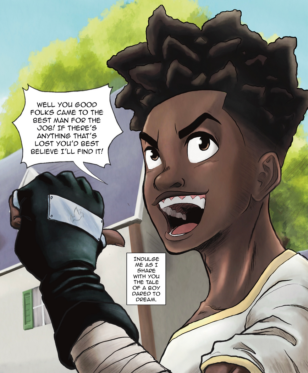 A black anime boy/young man pointing at himself with a big smile on his face.