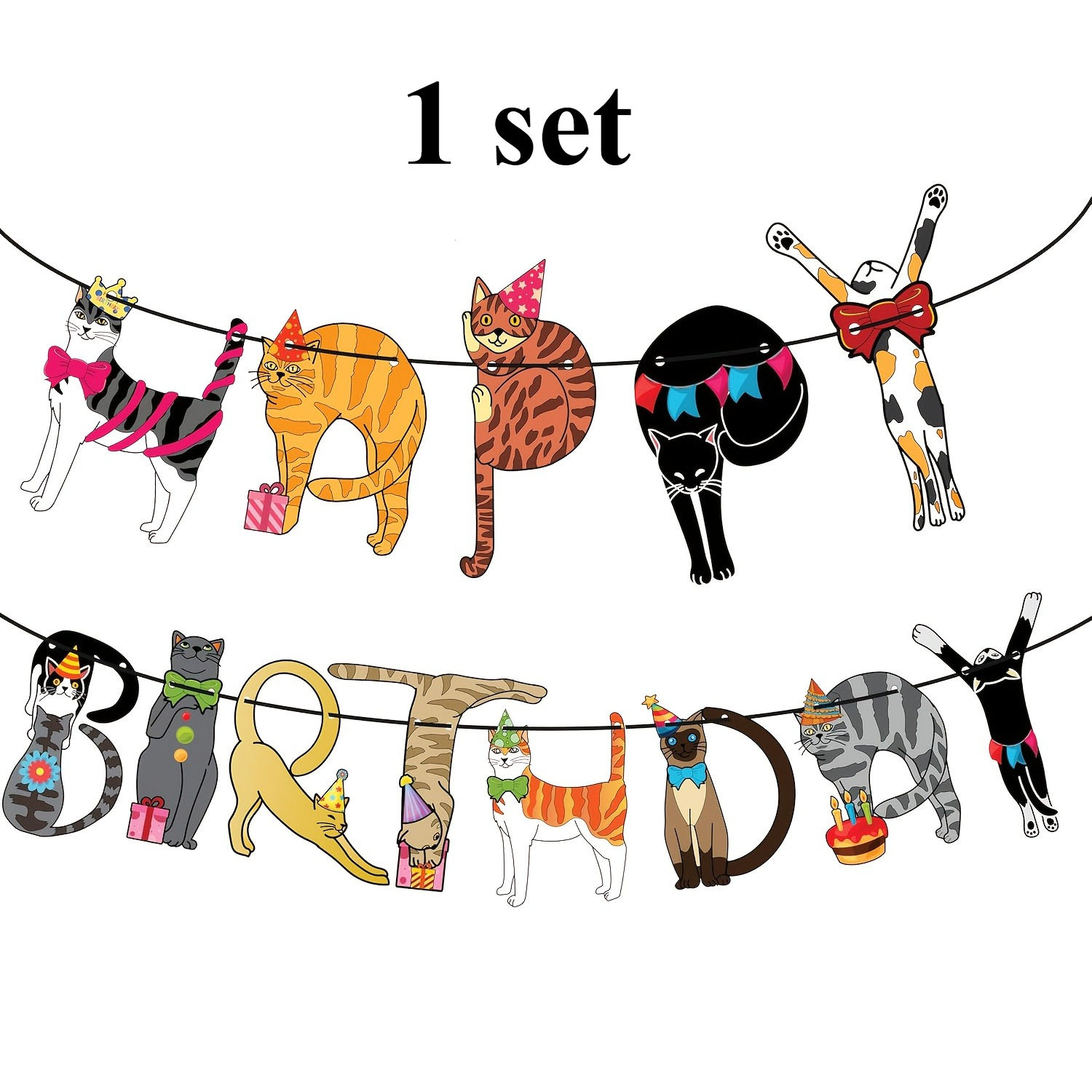 Birthday Party Banner,Cute Cat Decorations with Happy Birthday Text,Easy Hang Ba