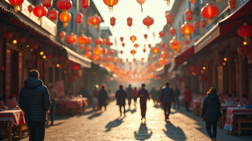 Eye-level view of a colorful street festival with decorations