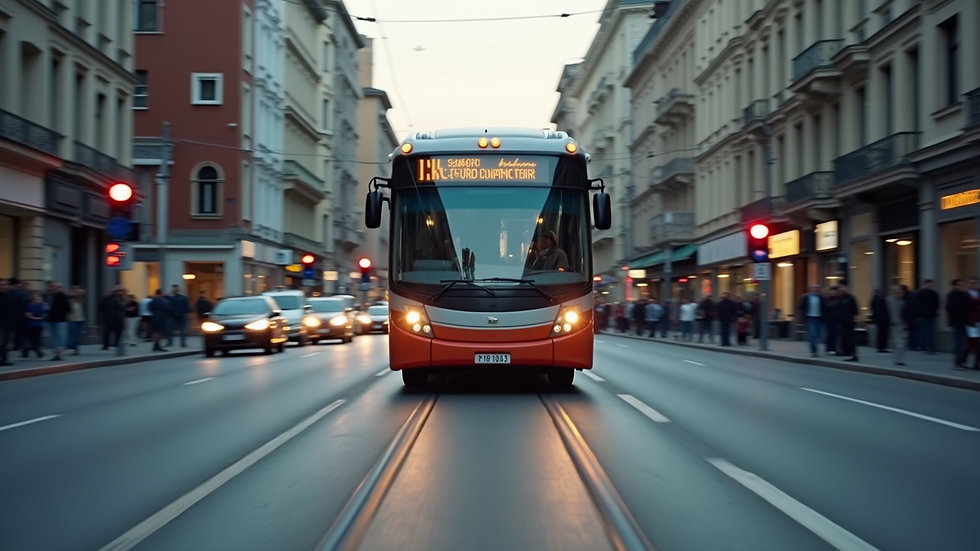 Eye-level view of a city bus driving through a busy street