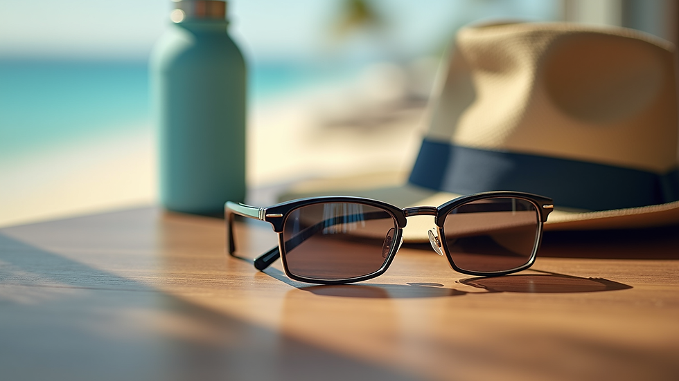 Close-up view of travel accessories including sunglasses, hat, and water bottle on a wooden table