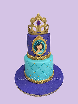 Princess Jasmine themed Birthday Cake in purple and teal with gold crown.