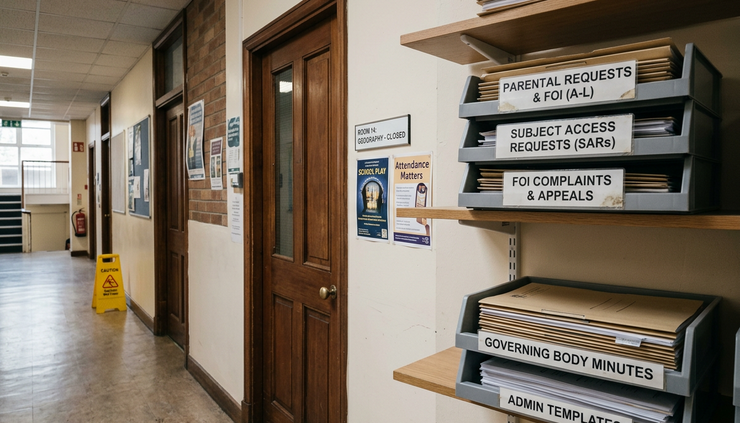 Eye-level view of a school corridor with labelled paper trays and a closed classroom door
