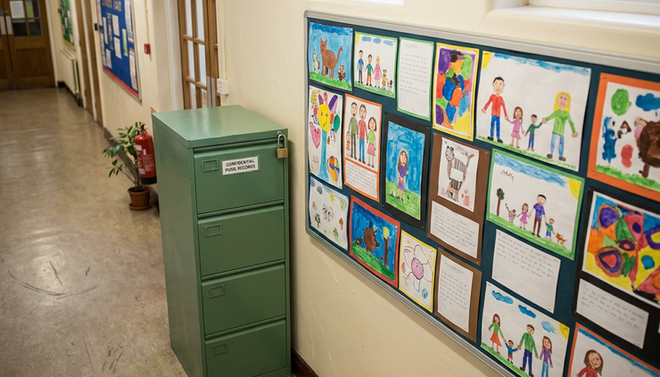 High-angle view of a locked school records cabinet beside colourful pupil artwork