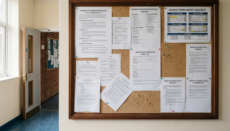 Wide-angle view of a school noticeboard displaying policies, forms and term information