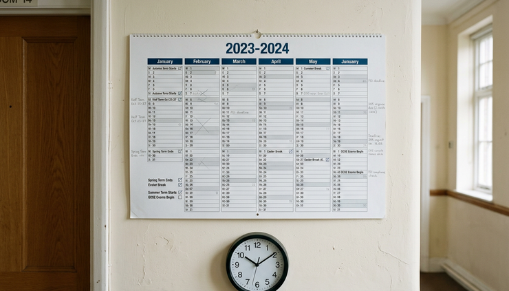 Close-up view of a wall calendar with school term dates marked in pencil