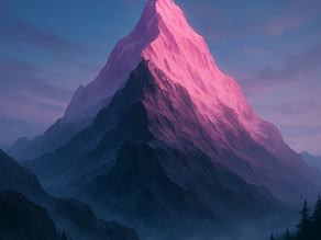 A majestic mountain under a twilight sky, with a snow-covered pink peak glowing at the summit and dark rocky slopes beneath, surrounded by mist and evergreen trees.