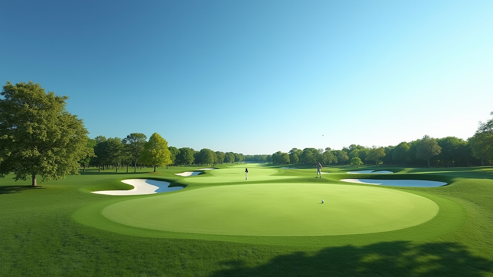 High angle view of a golf course with a clear blue sky
