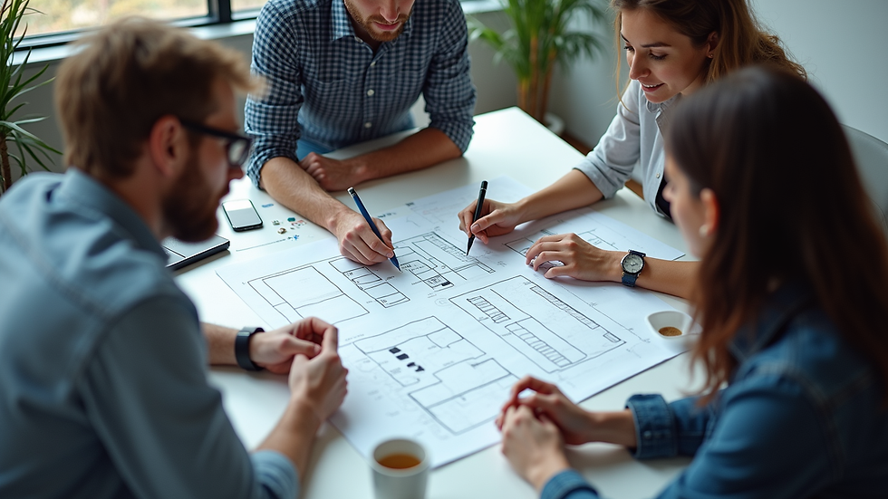 High angle view of a digital design team collaborating on UX wireframes