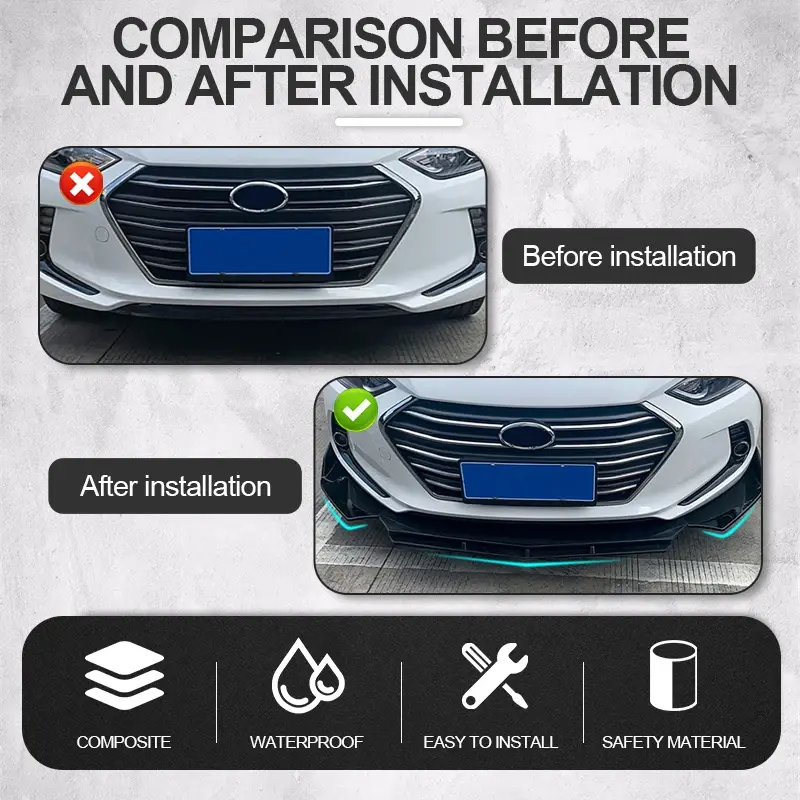 Primer plano mostrando el plástico ABS resistente y acabado negro brillante del labio frontal.