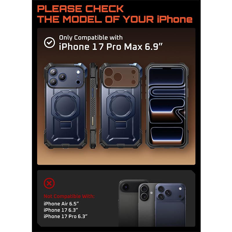 Funda robusta SUPCASE para iPhone 17 Pro Max con soporte integrado y protección antigolpes.
