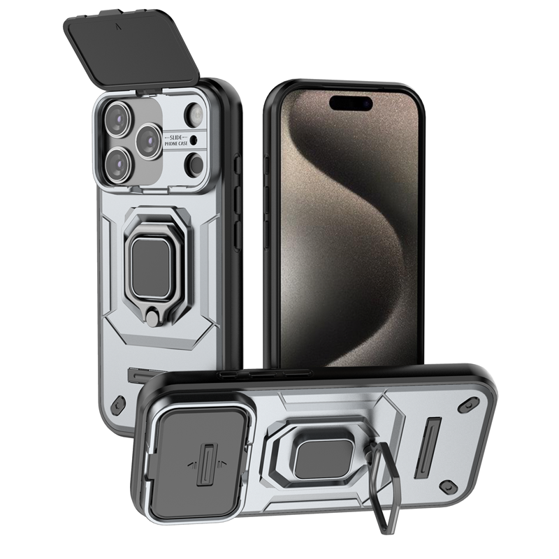 Miniatura: Funda Armor de lujo para iPhone 17 Pro Max con protector de cámara deslizante y anillo soporte 360