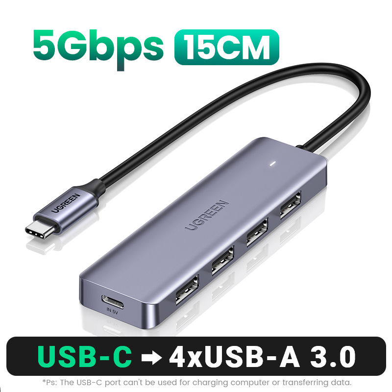 Miniatura: Hub USB tipo C UGREEN 4 en 1 con 4 puertos USB 3.0 5Gbps color gris espacial.