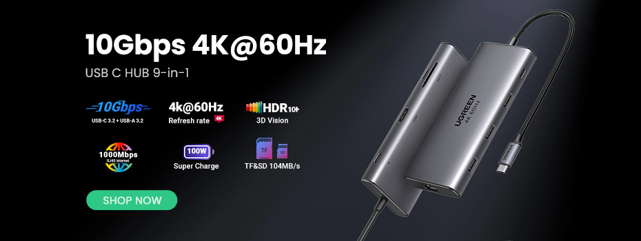 Miniatura: Hub USB tipo C UGREEN 4 en 1 con 4 puertos USB 3.0 5Gbps color gris espacial.